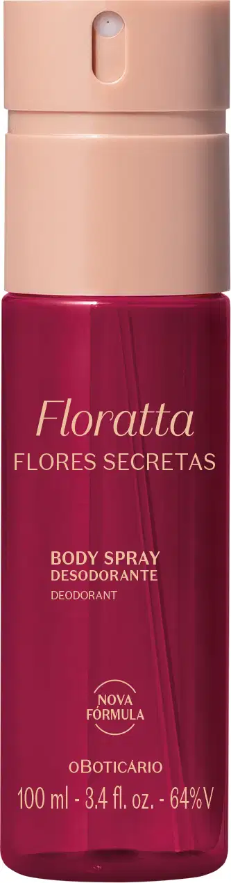 Imagem de um frasco vinho com tampa rosa e letras amarelas contendo 100ml de body spray desodorante da marca Floratta Flores Secretas.