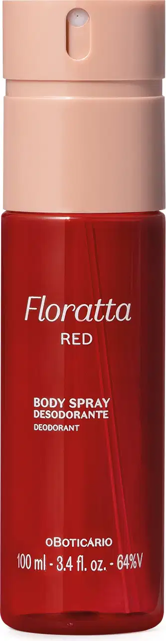 Frasco cilíndrico de body spray na cor vermelha com tampa borrifadora rosa da marca Floratta Red.