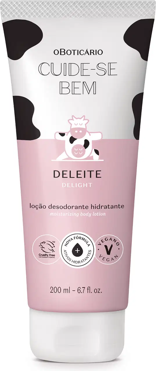 O produto apresentado é um creme hidratante corporal da marca Cuide-se Bem, com o nome "Deleite" impresso no rótulo. A embalagem é um tubo branco com detalhes em preto e rosa, com uma ilustração de uma vaca estilizada.