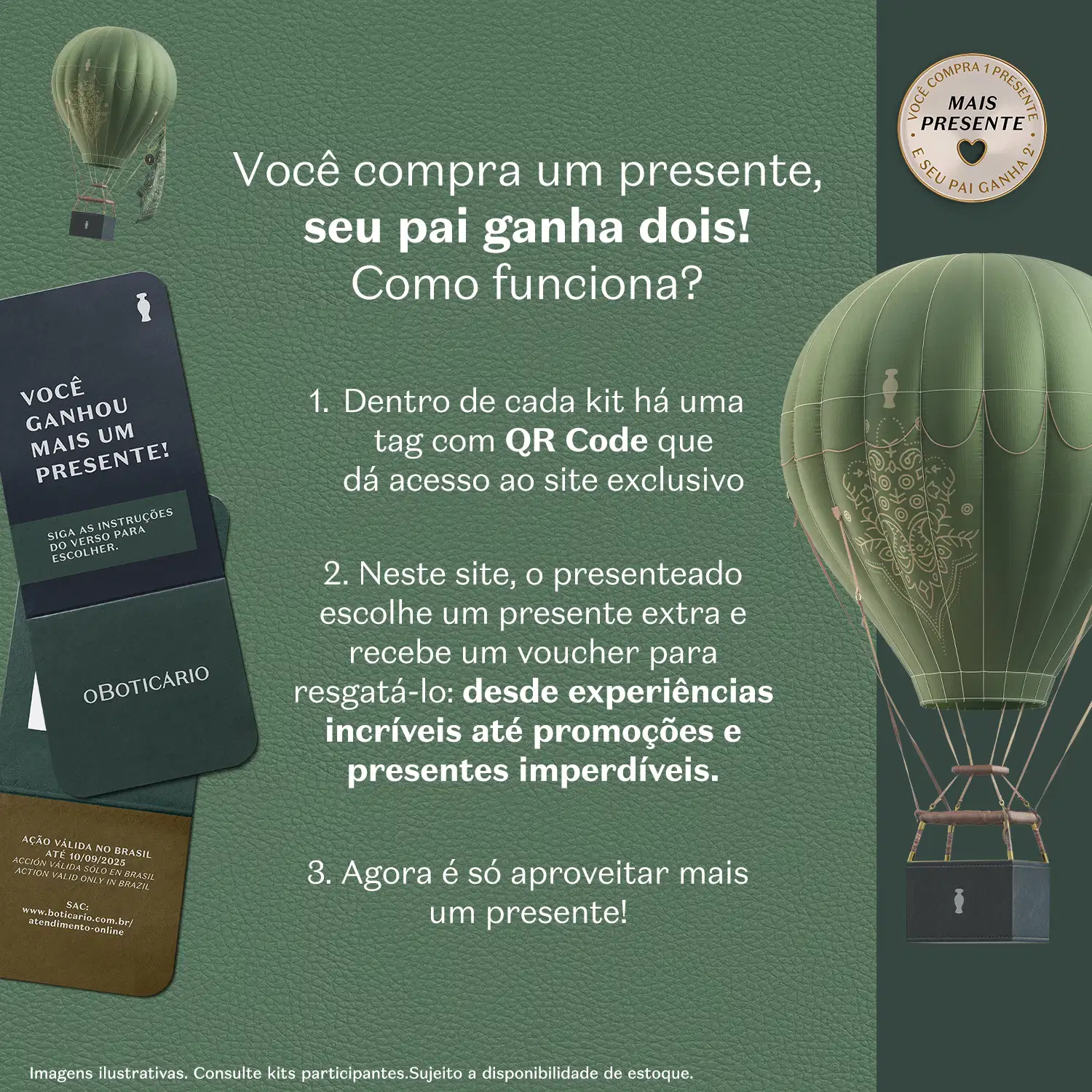Imagem de fundo verde com balão de ar quente e cartões pretos. Texto explicando promoção de presente com código QR e instruções de resgate de voucher.