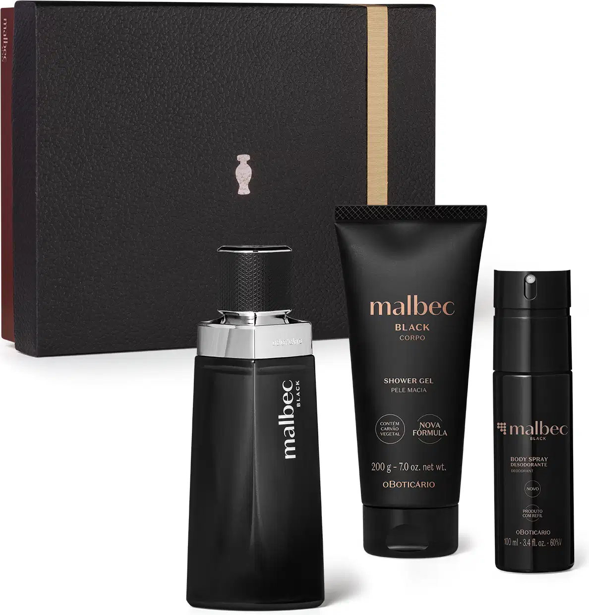 Caixa preta com fita dourada e detalhe prateado e três produtos Malbec: frasco preto com detalhes e letras prateadas de desodorante colônia, bisnaga preta com letras douradas de shower gel e embalagem preta com letras douradas de body spray.