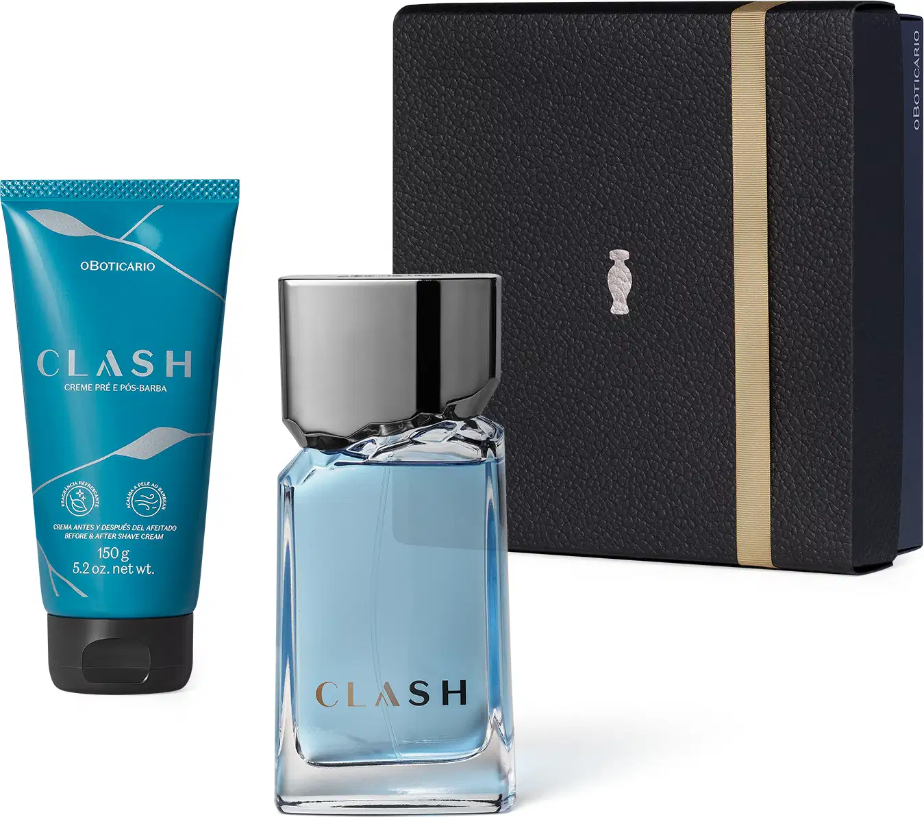 Kit de produto da marca Clash, composto por frasco de desodorante colônia com líquido azul claro e tampa cinza e bisnaga de creme pré e pós-barba em embalagem azul, apresentados em caixa preta com detalhe prata e fita dourada.