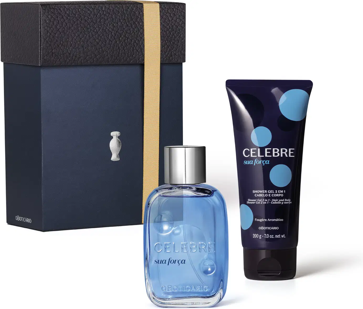 Kit de produtos de beleza da marca Celebre, incluindo um frasco de fragrância azul e um tubo de gel de banho e cabelo em embalagem preta e azul, apresentados em uma caixa preta com detalhes em couro.
