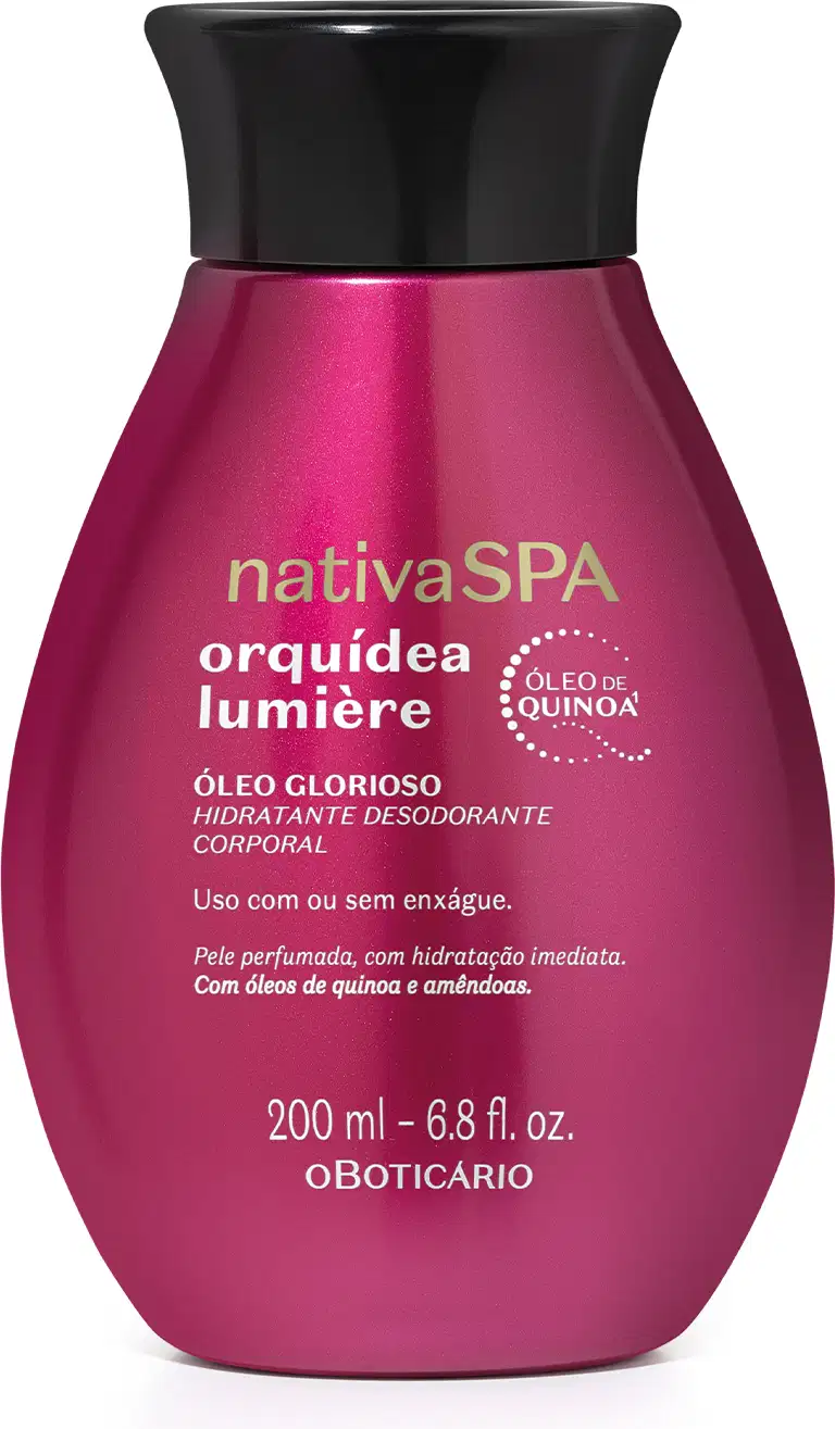 Frasco pink com tampa preta da linha Orquídea Lumière da marca Nativa SPA, contendo óleo glorioso hidratante desodorante corporal com óleo de quinoa.