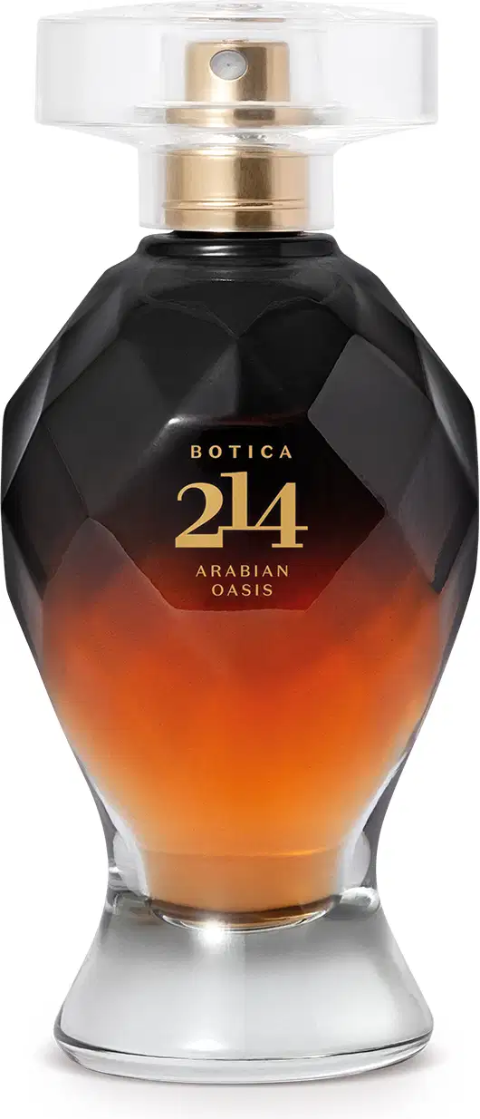 Frasco de vidro de item de perfumaria da marca Botica 214 Arabian Oasis com formato geométrico nas cores em preto e marrom, borrifador dourado e tampa acrílica transparente.