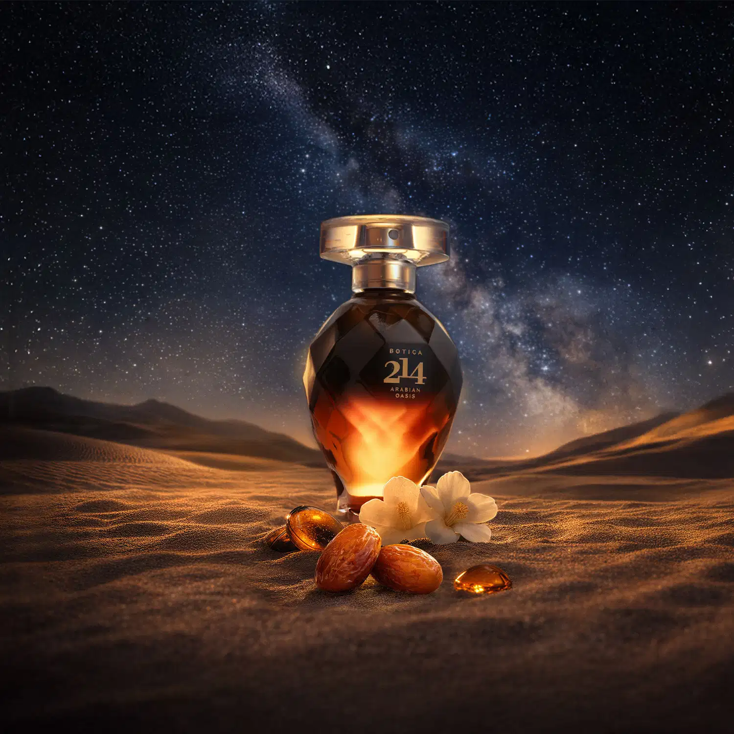 Frasco de item de perfumaria Botica 214 Arabian Oasis em meio a flores de baunilha, pêssegos desidratados e cristais de âmbar sobre areia do deserto, com céu noturno estrelado e Via Láctea ao fundo.