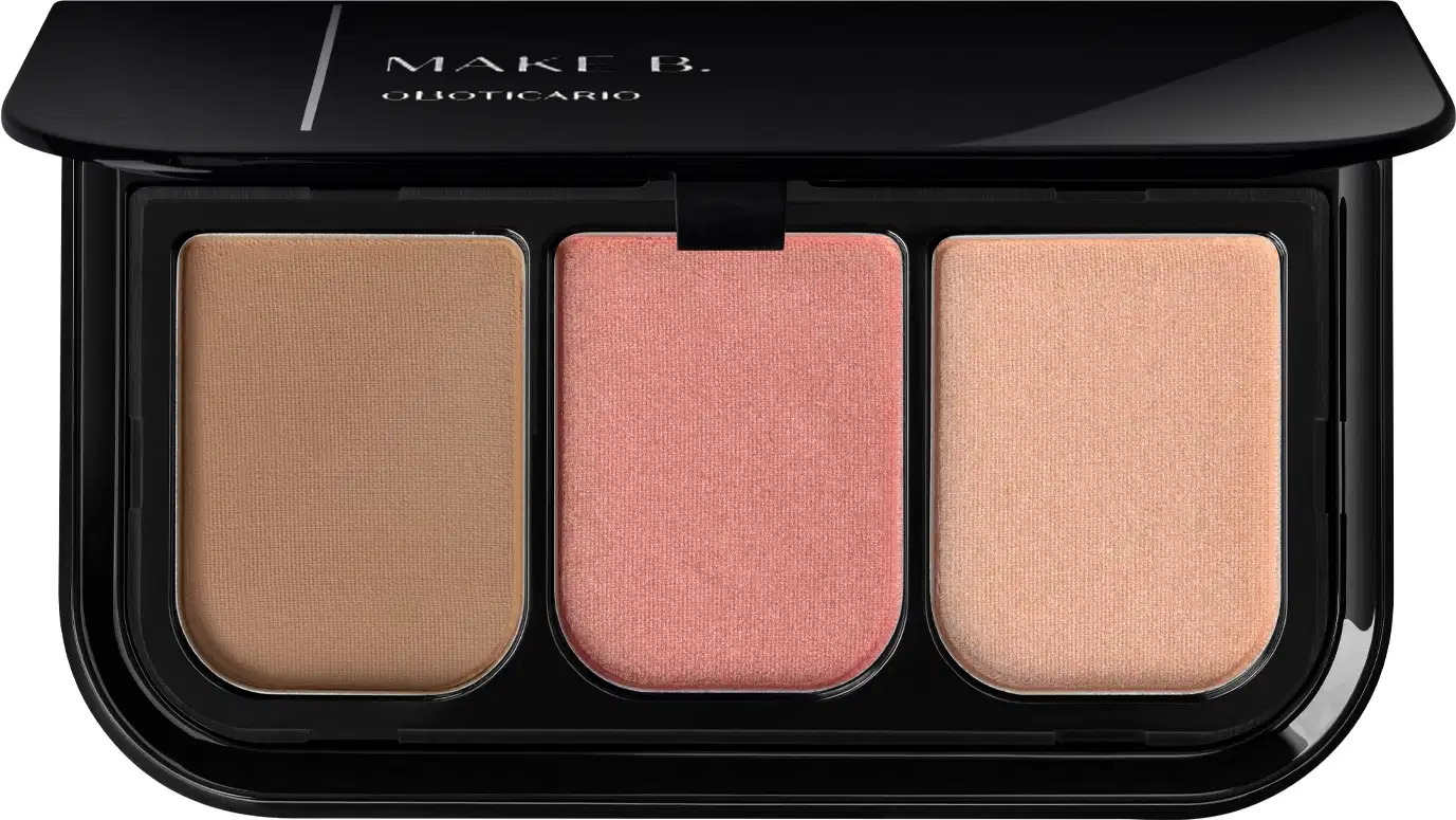 Imagem da paleta de maquiagem Make B. Pink Hit com três tons de blush compacto em cores bege, rosa e dourado, em embalagem preta com logotipo da marca.