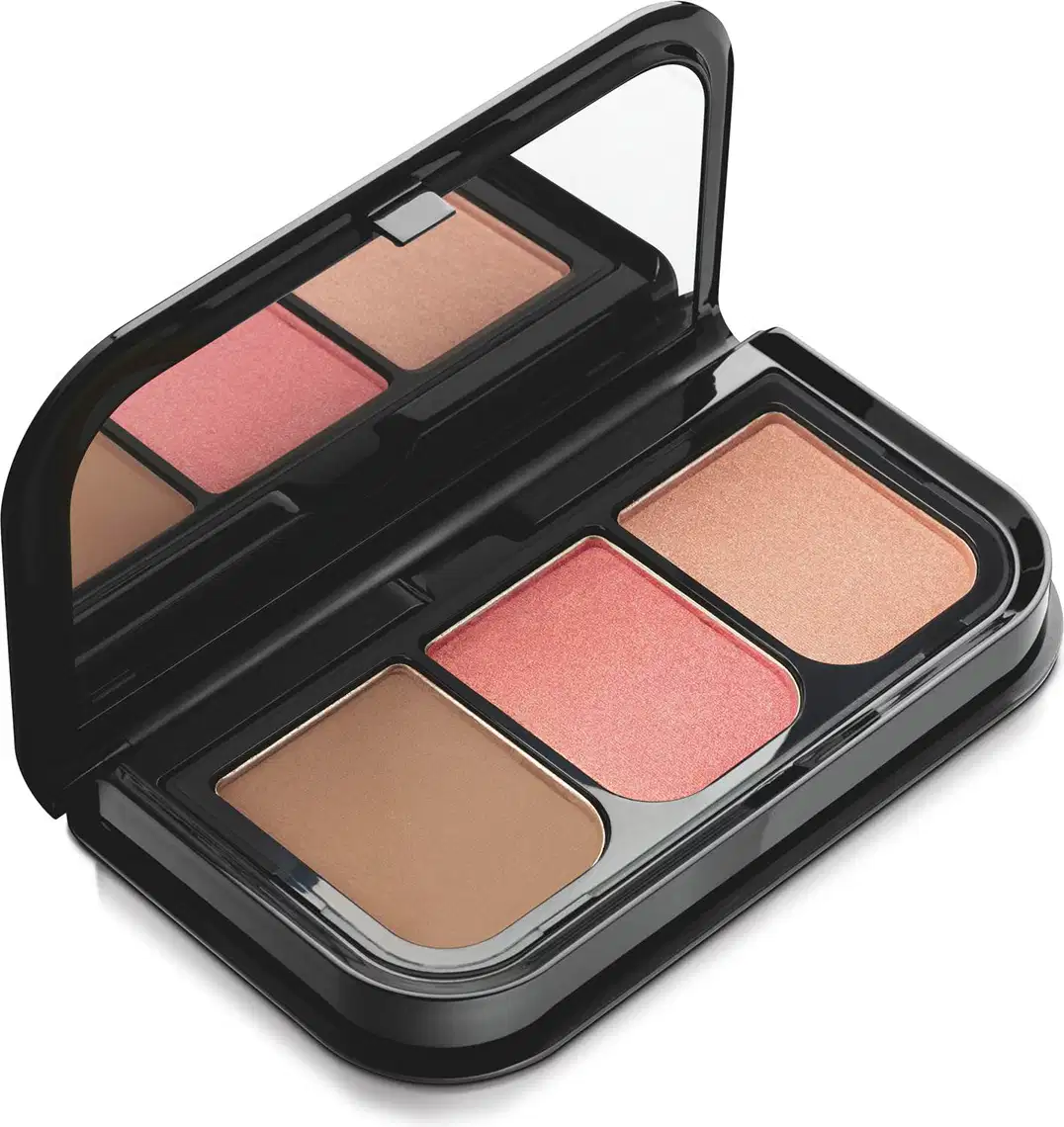 Imagem da paleta de maquiagem Make B. Pink Hit com três tons de blush compacto em cores bege, rosa e dourado, em embalagem preta com espelho.