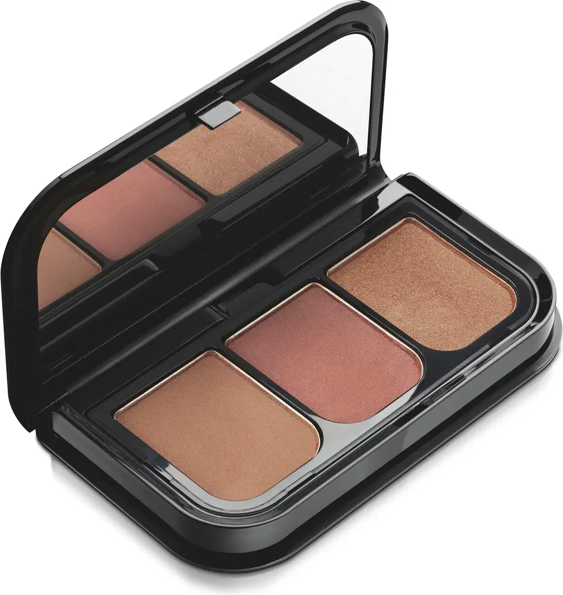 Imagem de uma paleta de blush compacta com três tons de marrom em embalagem preta com espelho na tampa.