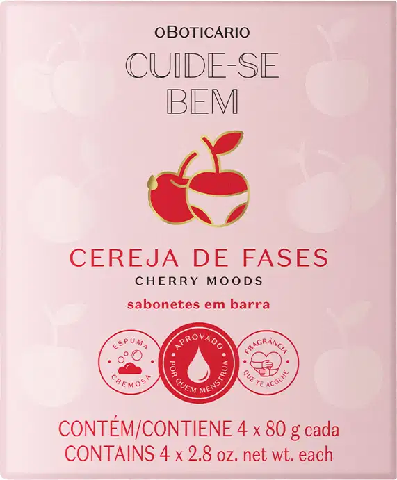 Caixa de sabonetes em barra com aroma de cereja, da marca Cuide-se Bem. Contém 4 unidades de 80g cada, com espuma cremosa e aprovado para uso. Embalagem rosa com ilustração de maçãs vermelhas.