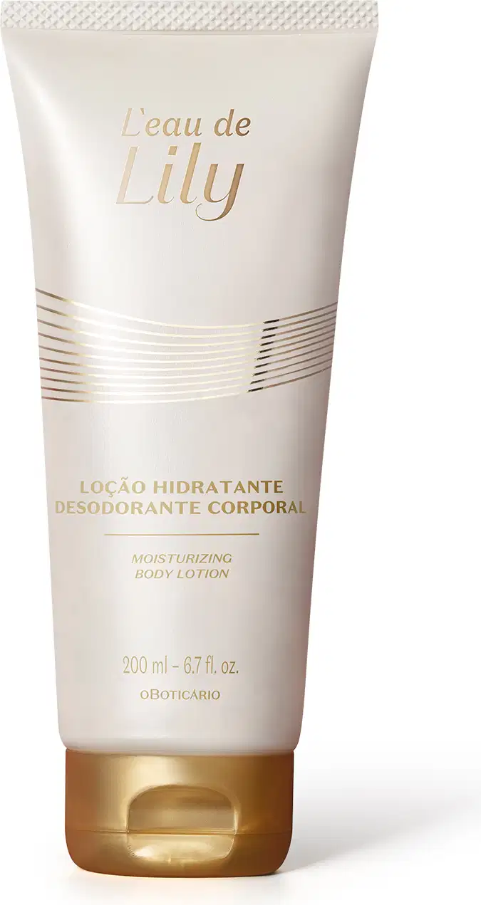 Frasco branco e com tampa e letras douradas contendo 200ml de  loção hidratante desodorante corporal da marca L'eau de Lily.