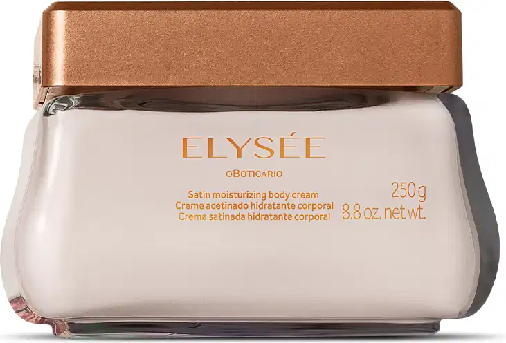 Creme corporal hidratante Elysée em embalagem de 250g, com tampa dourada e rótulo branco com texto em laranja. Produto da linha Elysée Botticario para hidratação da pele.