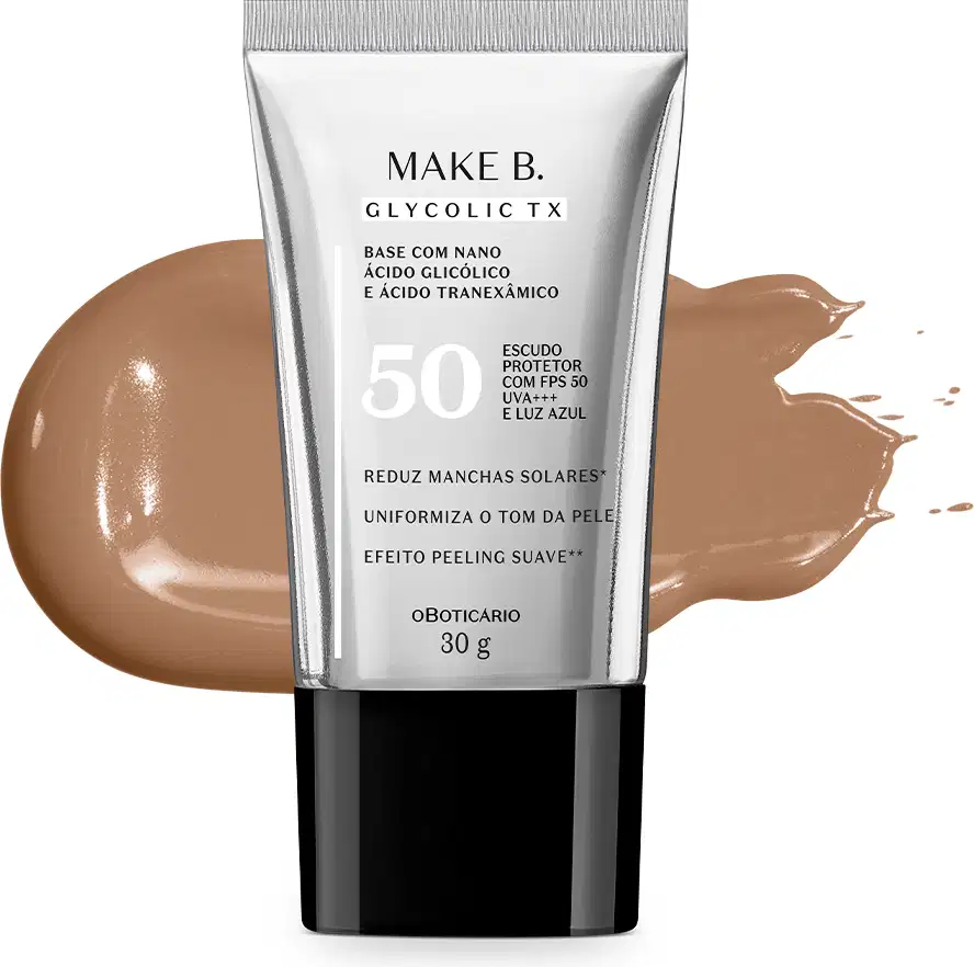 Imagem do tubo de Base Líquida Make B. Glycolic TX  Cor 190 sobre superfície branca, com uma quantidade do produto embaixo da embalagem, apresentando a sua real tonalidade.
