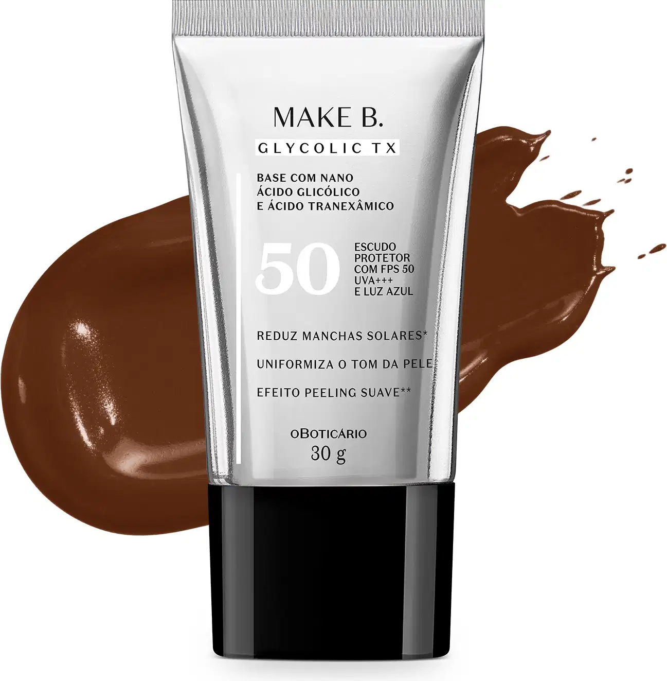 A imagem mostra um tubo de base líquida Make B. Glycolic TX. Ele é prateado, possui tampa preta e informações em letras pretas. Atrás da embalagem está a textura do produto, mostrando sua intensidade e a real cor da base.
