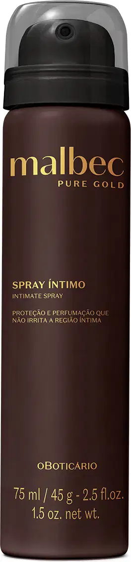 Imagem de um frasco de spray íntimo da marca Malbec Pure Gold na cor vinho, com rótulo em dourado contendo o nome da marca em destaque.