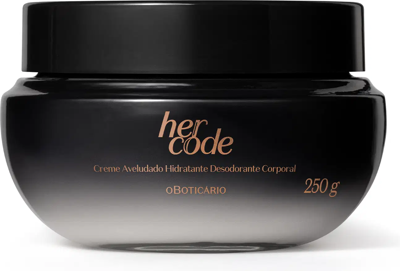 Pote com degradê de preto e branco e letras douradas contendo 250g de creme hidratante desodorante corporal da marca Her Code.