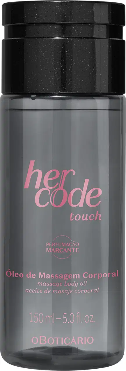 Frasco transparente cinza com líquido claro, tampa preta e letras douradas contendo 150ml de óleo de massagem corporal da marca Her Code Touch.