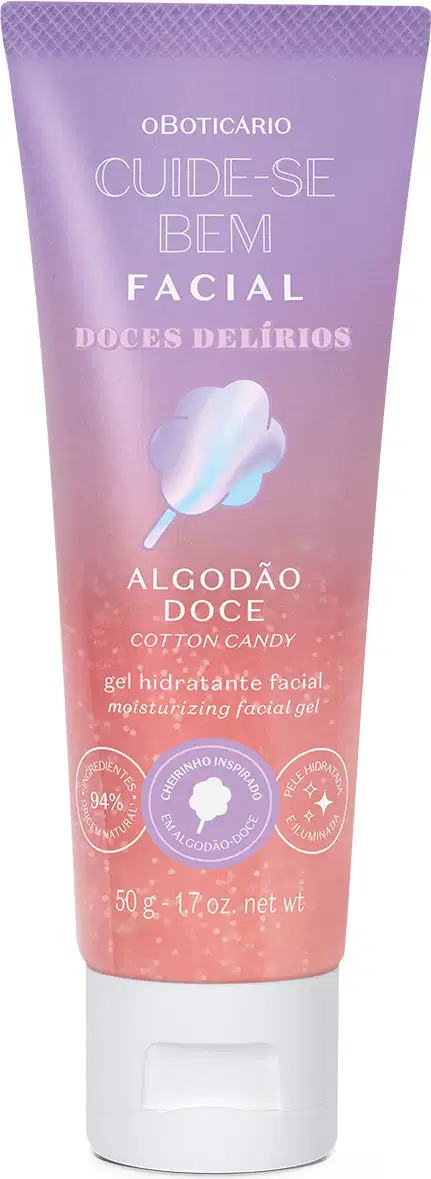 Imagem de um frasco de gel hidratante facial da marca Cuide-se Bem Algodão Doce, com embalagem em tons de roxo e rosa, tampa branca e rótulo contendo um algodão doce ilustrado.