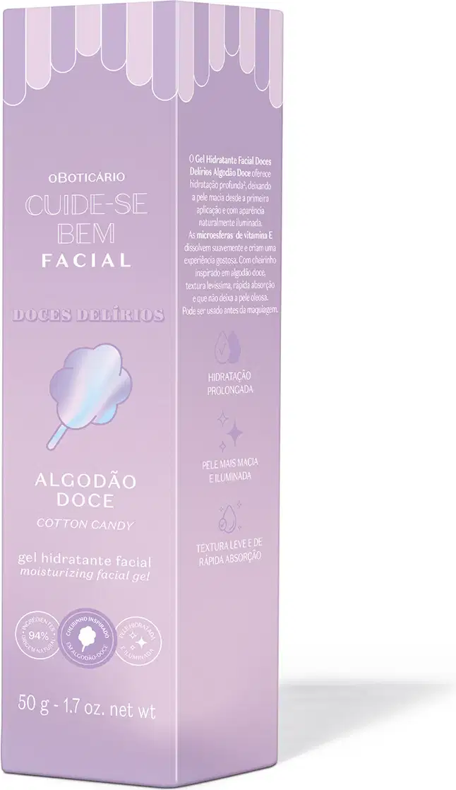 Imagem da caixa do gel hidratante facial Cuide-se Bem Algodão Doce em tons de roxo, rosa e branco e com ilustração de algodão doce.