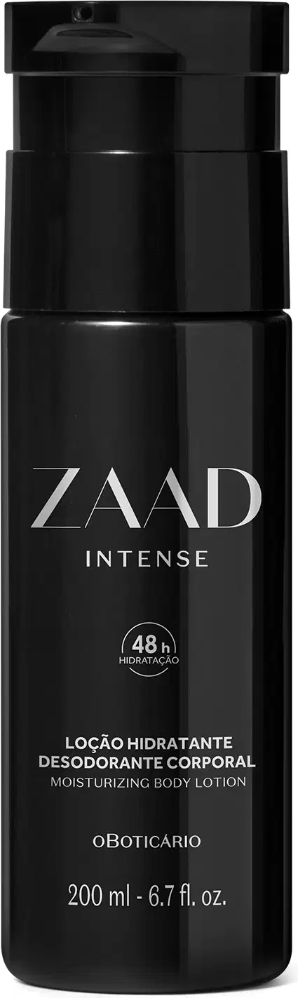 Imagem de um frasco preto de loção hidratante corporal da marca Zaad Intense, com rótulo visível em letras brancas.