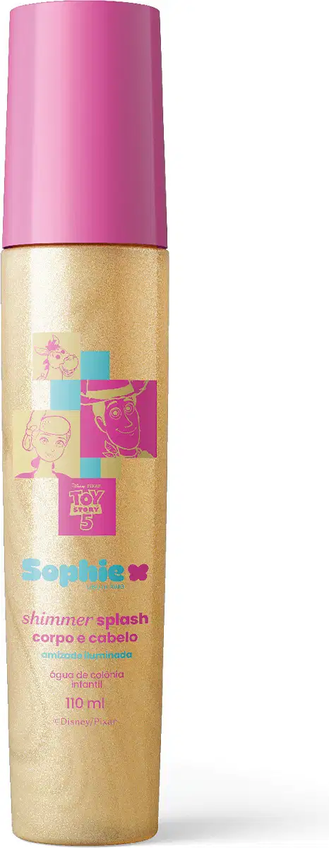 Frasco de item de perfumaria em formato cilíndrico com tampa rosa. Embalagem dourada com ilustrações coloridas e texto "Shimmer Splash Corpo e Cabelo" e "Sophie". Produto da linha Toy Story 5 da Disney.