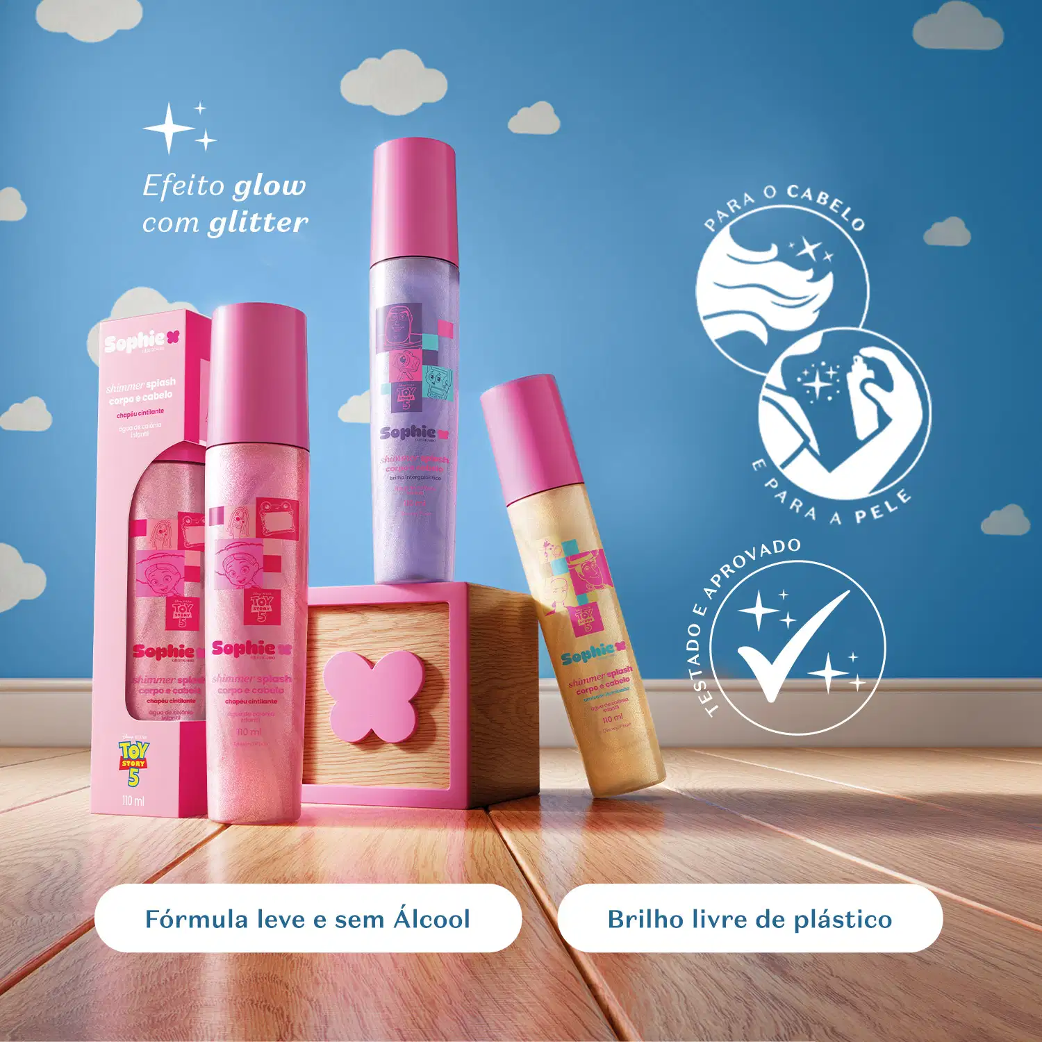 Imagem de produtos de beleza da marca Sophie, incluindo um item de perfumaria com efeito brilhante com glitter e outro item de perfumaria com fórmula leve e sem álcool. Ambos os produtos exibem ícones indicando que são aprovados e adequados para o cabelo.