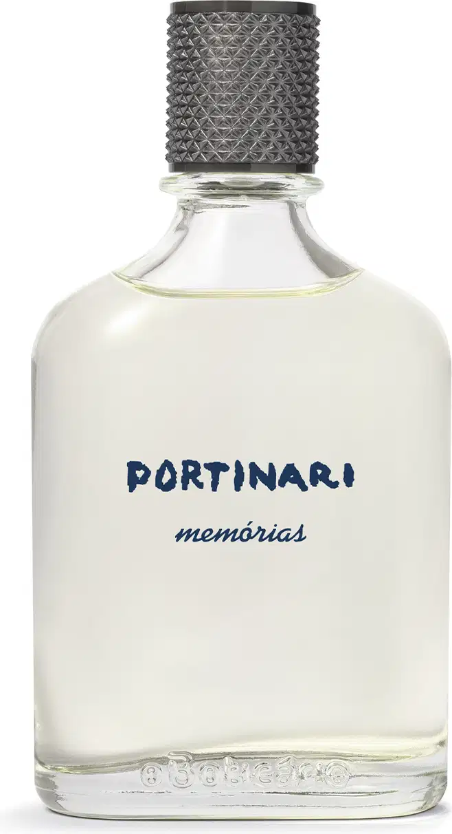 Frasco de vidro transparente com a marca Portinari Memórias gravado em azul escuro, com tampa preta texturizada em formato geométrico.