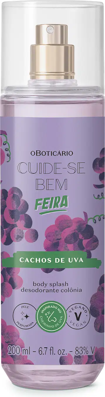 Imagem de um frasco de vidro transparente com pulverizador dourado contendo líquido lilás, rótulo roxo com estampa de cachos de uva, contendo 200ml de body splash Cuide-se Bem Feira Cachos de Uva.