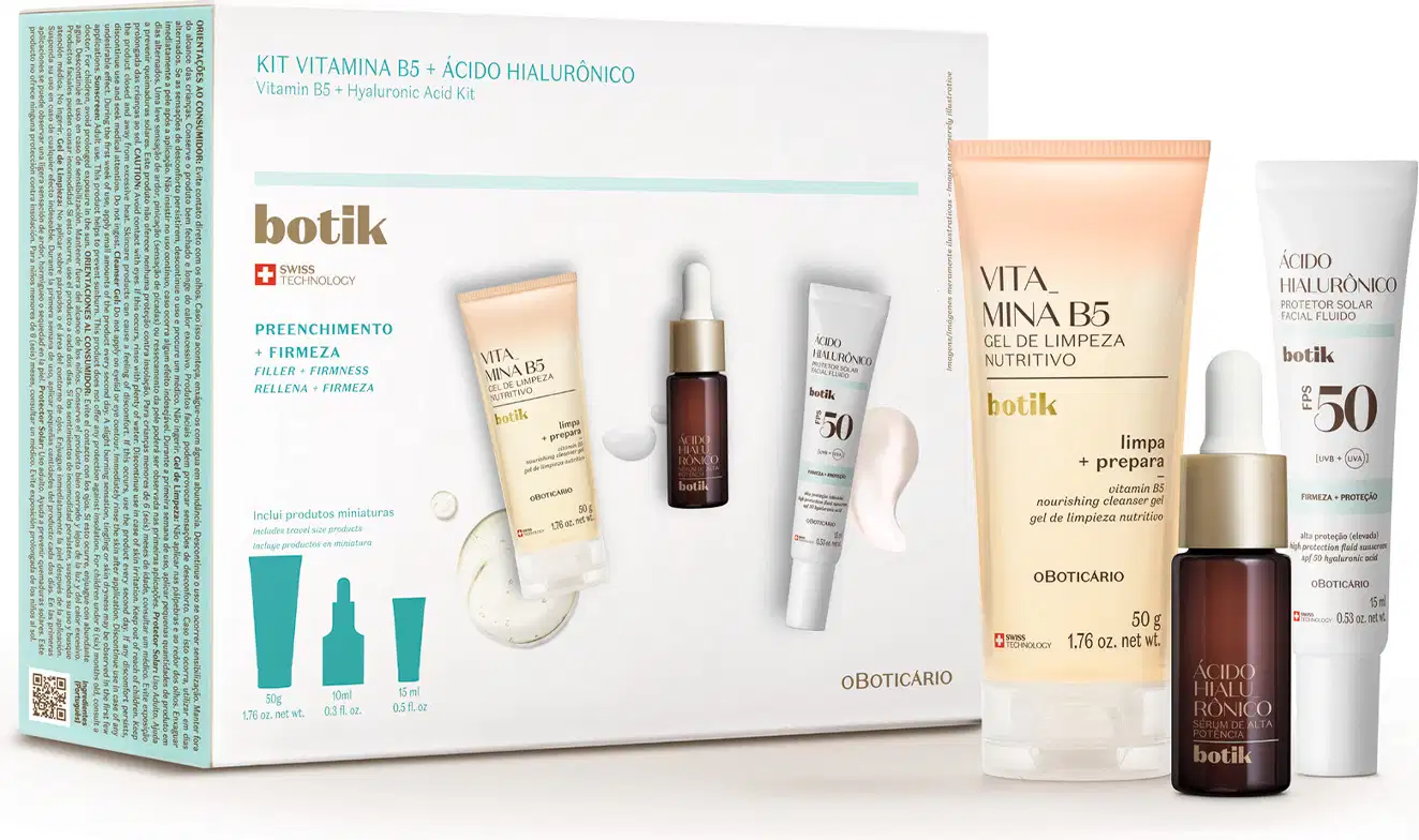 Imagem de um kit de vitamina B5 e ácido hialurônico da marca Botik, contendo frasco de gel de limpeza nutritivo, bisnaga de protetor solar facial e frasco de sérum com ácido hialurônico, além de uma caixa retangular com imagem de todos os produtos.