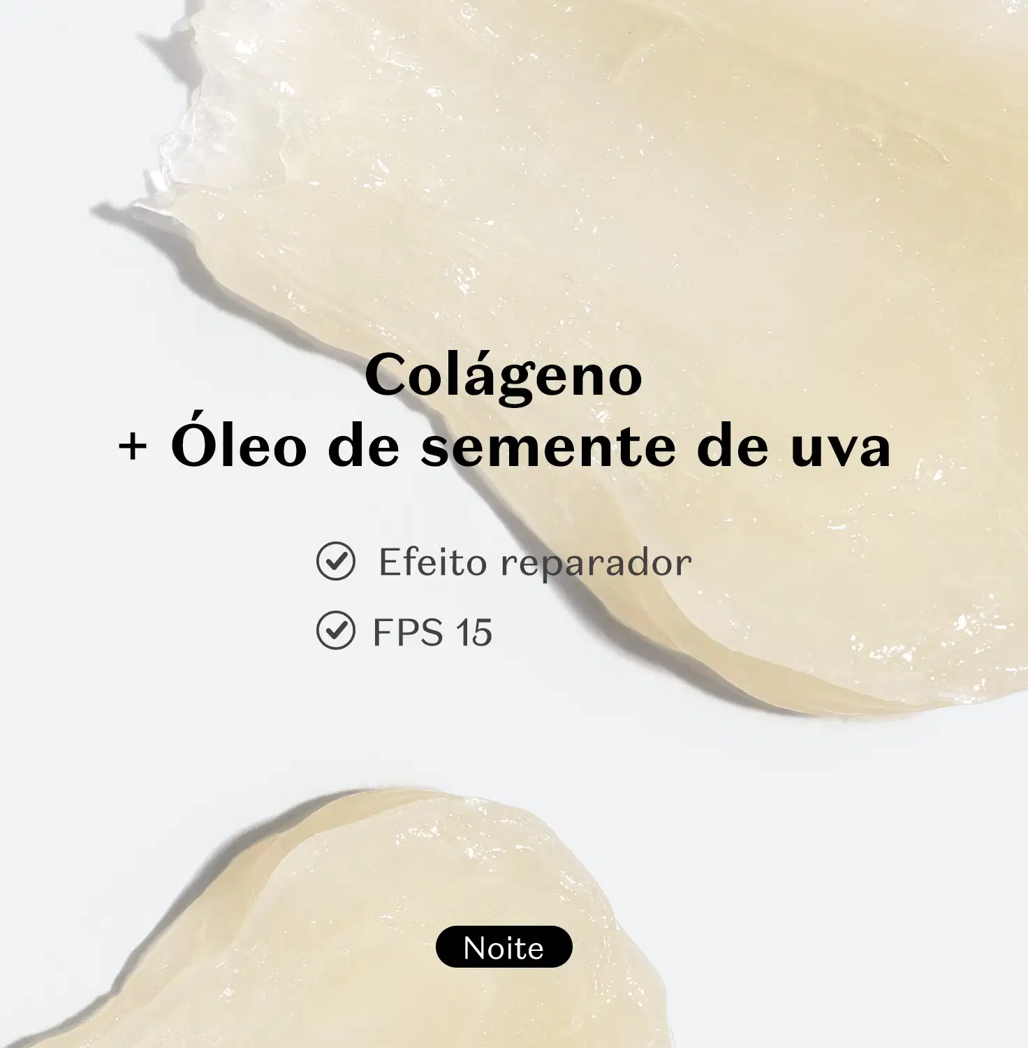 Pequenas porções do balm labial noturno da marca Make B. Lip Chronology Night Mask em fundo azul com letras pretas indicando os benefícios do produto.
