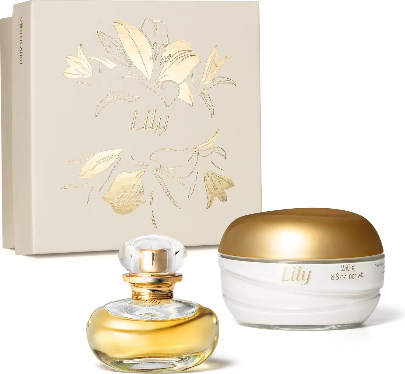 Imagem de uma caixa branca com ilustração dourada de lírios, contendo um frasco elegante com líquido dourado de Eau de Parfum Lily e um pote branco com tampa dourada de creme corporal da mesma marca.