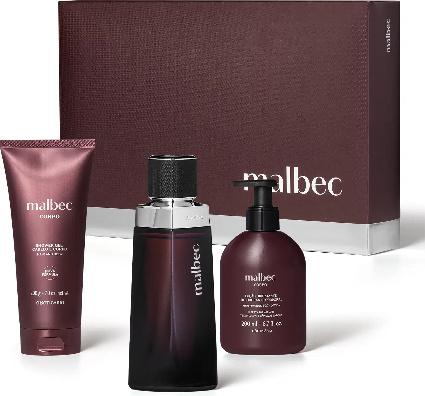 Conjunto de produtos de beleza da marca Malbec, incluindo um frasco de perfume, um recipiente de loção corporal e um tubo de gel de banho, todos em embalagens de design moderno e cores predominantemente marrons.