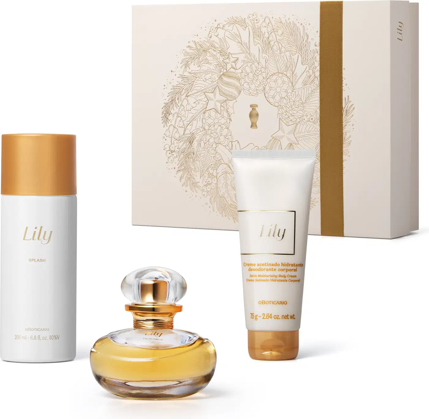 Imagem do Kit Presente Natal Lily com um vidro redondo com líquido bege de desodorante colônia, um frasco branco e dourado de body splash, uma bisnaga branca e dourada de creme hidratante corporal e uma caixa presenteável rosa-claro com estampa floral.