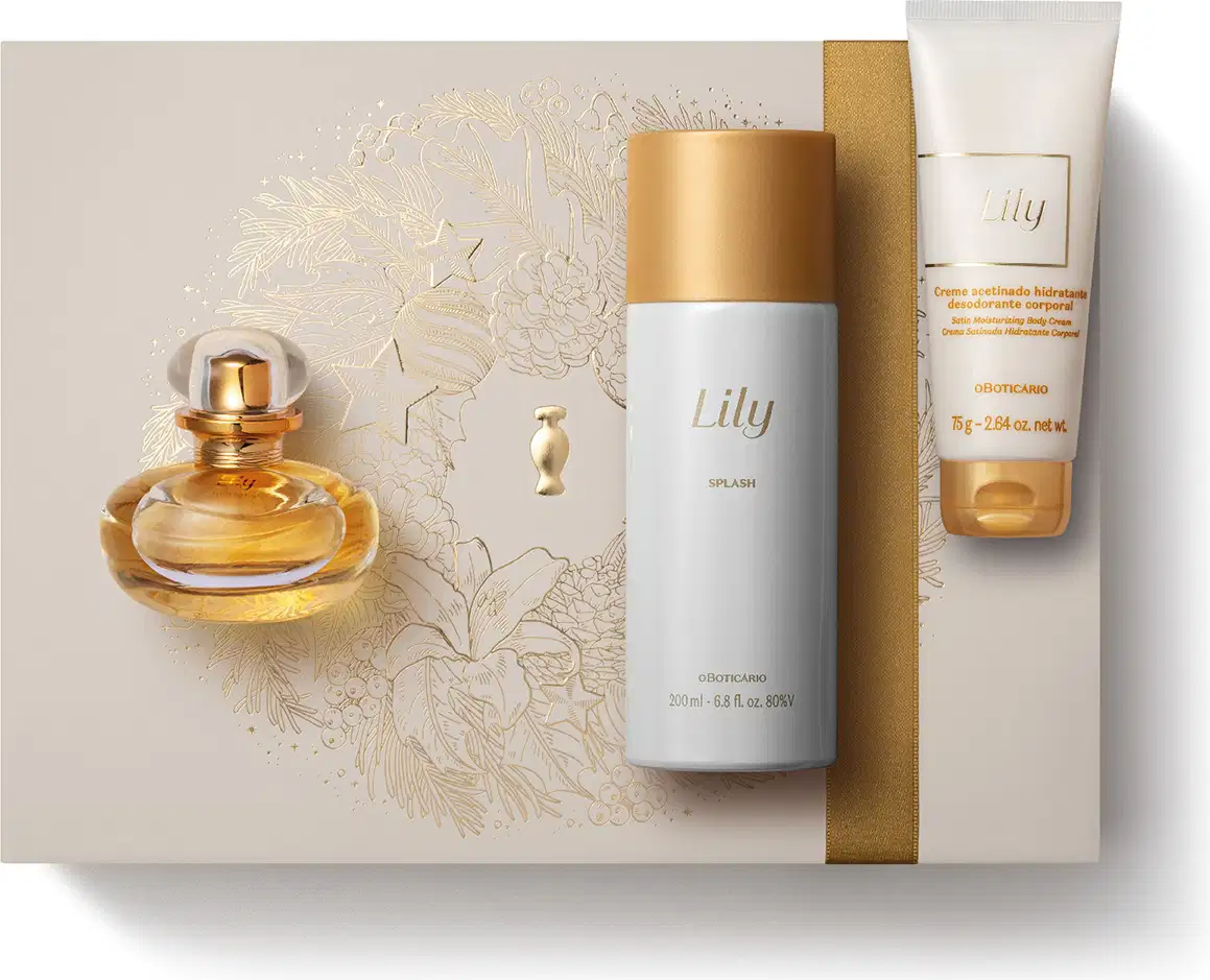 Imagem do Kit Presente Natal Lily com um vidro com líquido bege de desodorante colônia, um frasco branco e dourado de body splash e uma bisnaga branca e dourada de creme hidratante corporal sobre uma caixa presenteável rosa-claro com estampa floral.