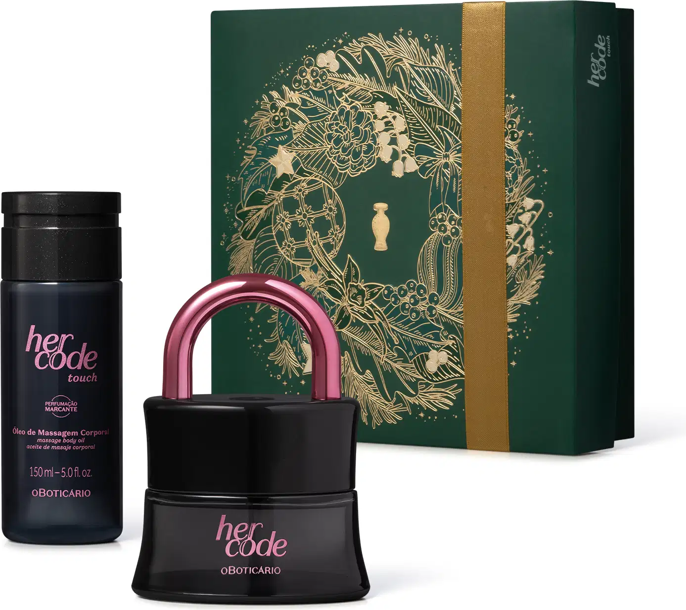 Imagem do Kit Presente Natal Her Code Touch com um vidro preto em formato de cadeado de desodorante colônia, um frasco preto de óleo de massagem corporal e uma caixa verde presenteável com estampa natalina.