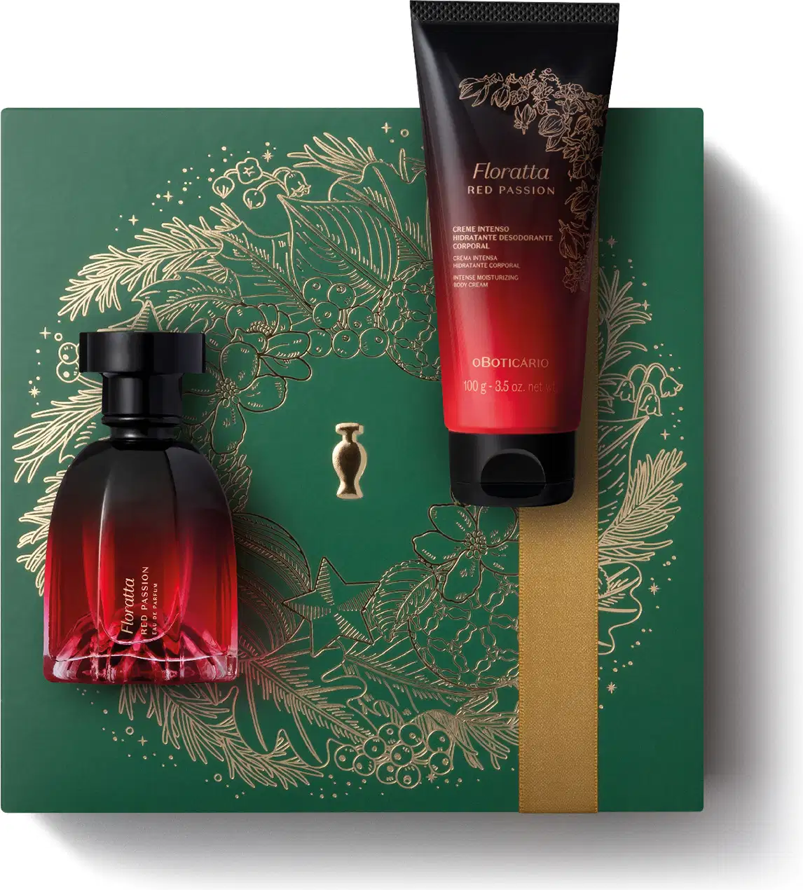 Imagem do Kit Presente Natal Foratta Red Passion com um vidro vinho e preto de desodorante colônia e um frasco na mesma cor de creme hidratante corporal sobre uma caixa verde presenteável com estampa natalina.