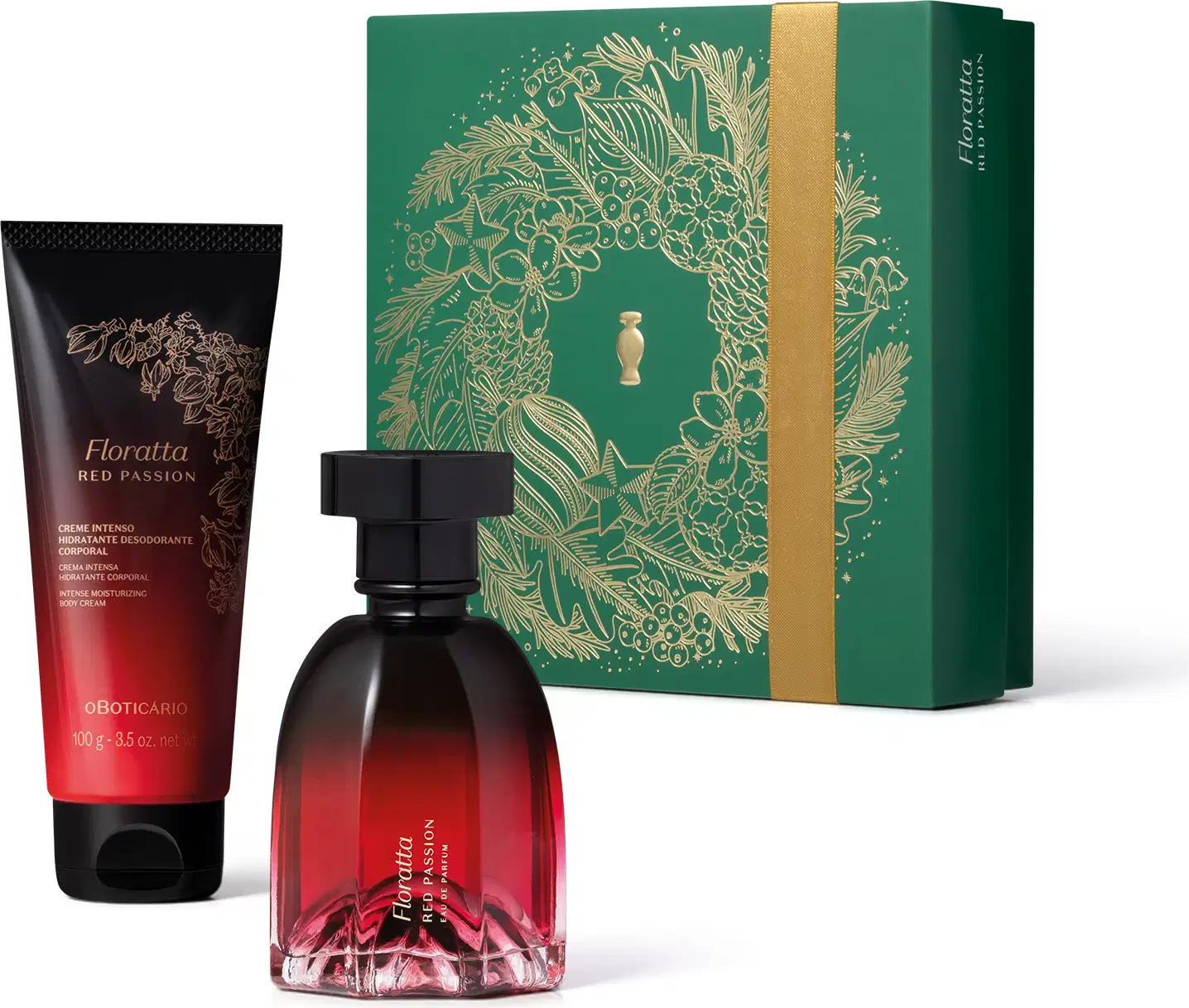 Imagem do Kit Presente Natal Foratta Red Passion com um vidro vinho e preto de desodorante colônia, frasco na mesma cor de creme hidratante corporal e uma caixa verde presenteável com estampa natalina.