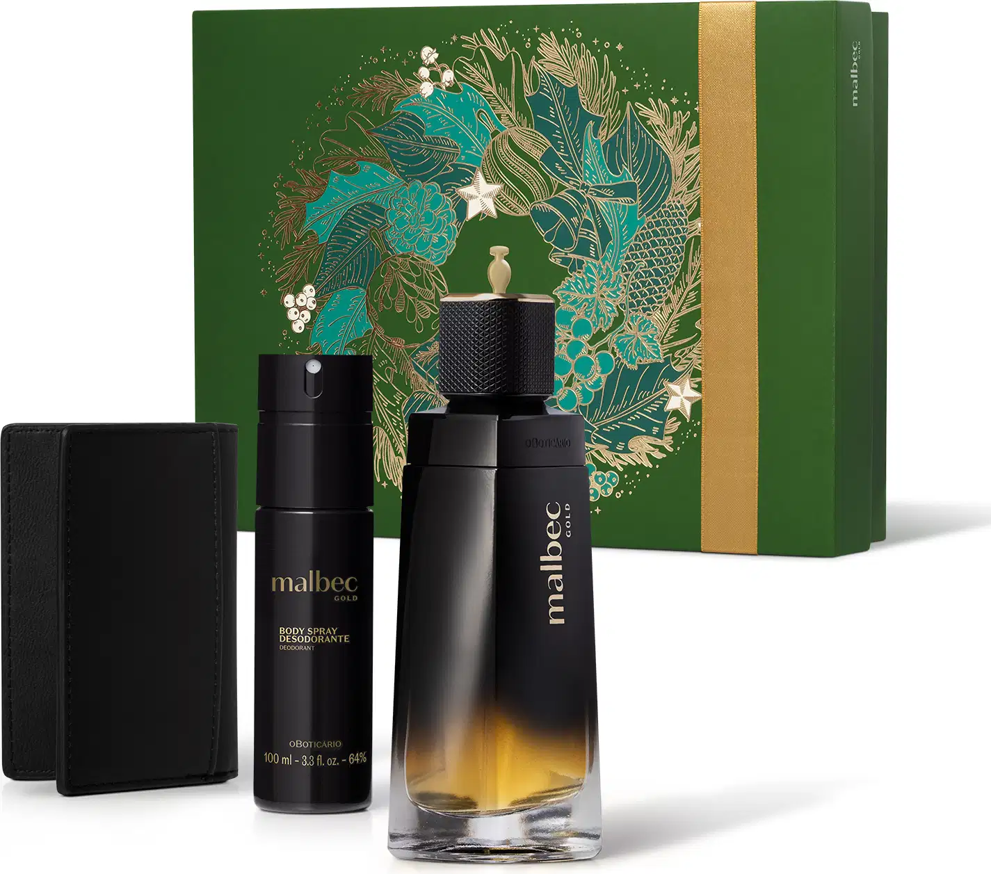 Imagem do Kit Presente Natal Malbec Gold que traz um frasco preto fosco de desodorante colônia, um frasco preto cilíndrico com letras douradas de body spray, uma carteira preta e uma caixa presenteável verde com estampa natalina.