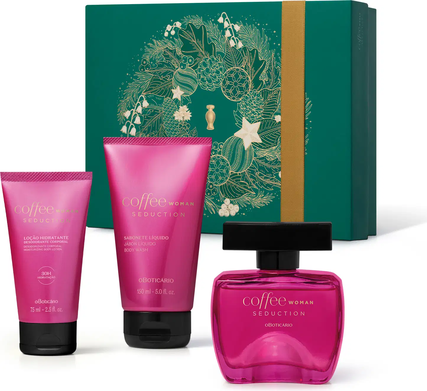 Imagem do Kit Presente Natal Coffee Woman Seduction com um frasco rosa e tampa preta de desodorante colônia, duas bisnagas pinks com tampa preta de sabonete líquido e loção hidratante corpora e uma caixa verde presenteável com ilustração natalina