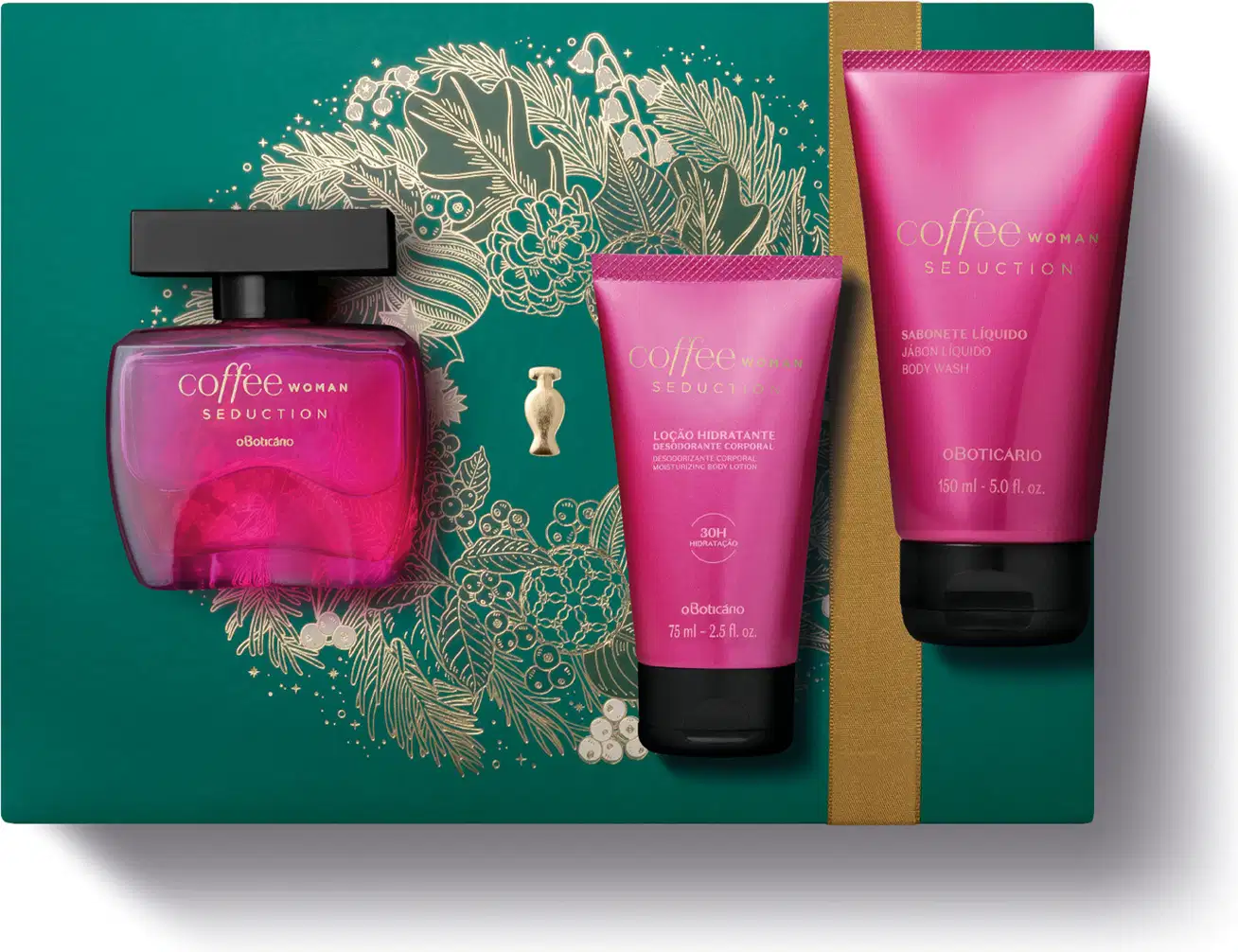 Imagem do Kit Presente Natal Coffee Woman Seduction com um frasco rosa e tampa preta de desodorante colônia, duas bisnagas pinks com tampa preta de sabonete líquido e loção hidratante corpora sobre uma caixa verde presenteável com ilustração natalina