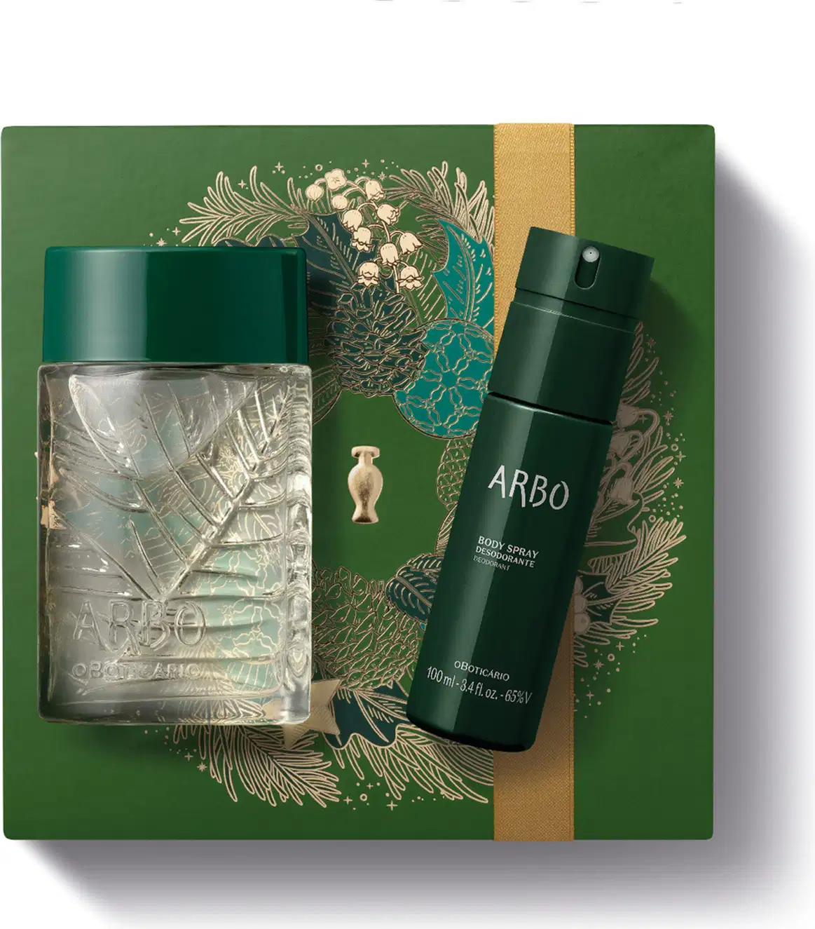 Imagem do Kit Presente Natal Arbo que traz um vidro transparente com tampa verde de desodorante colônia masculina e um frasco verde-escuro fosco de body spray sobre uma caixa presenteável verde com estampa natalina.