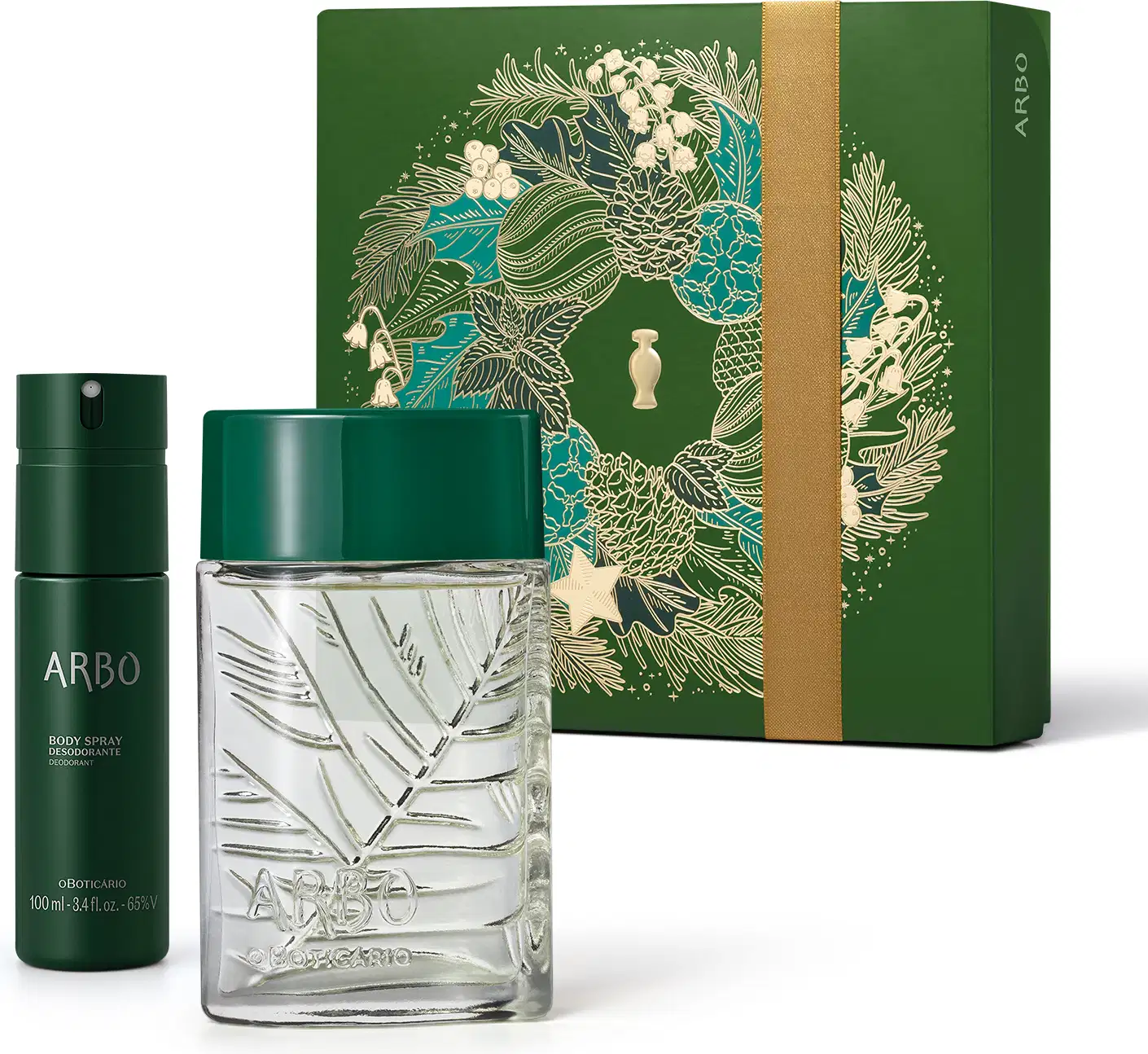 Imagem do Kit Presente Natal Arbo que traz um frasco de vidro transparente com tampa verde de desodorante colônia masculina, um frasco cilíndrico verde-escuro fosco de body spray e uma caixa presenteável verde com estampa natalina.