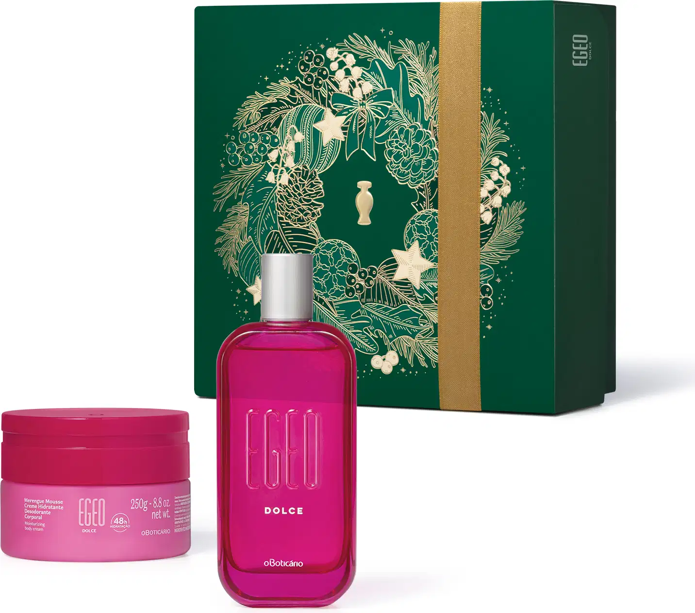 Caixa verde com detalhes dourados contendo um frasco de perfume rosa e um pote de creme corporal rosa da marca Egeo, com rótulos indicando os produtos "Dolce" e "Egeo".
