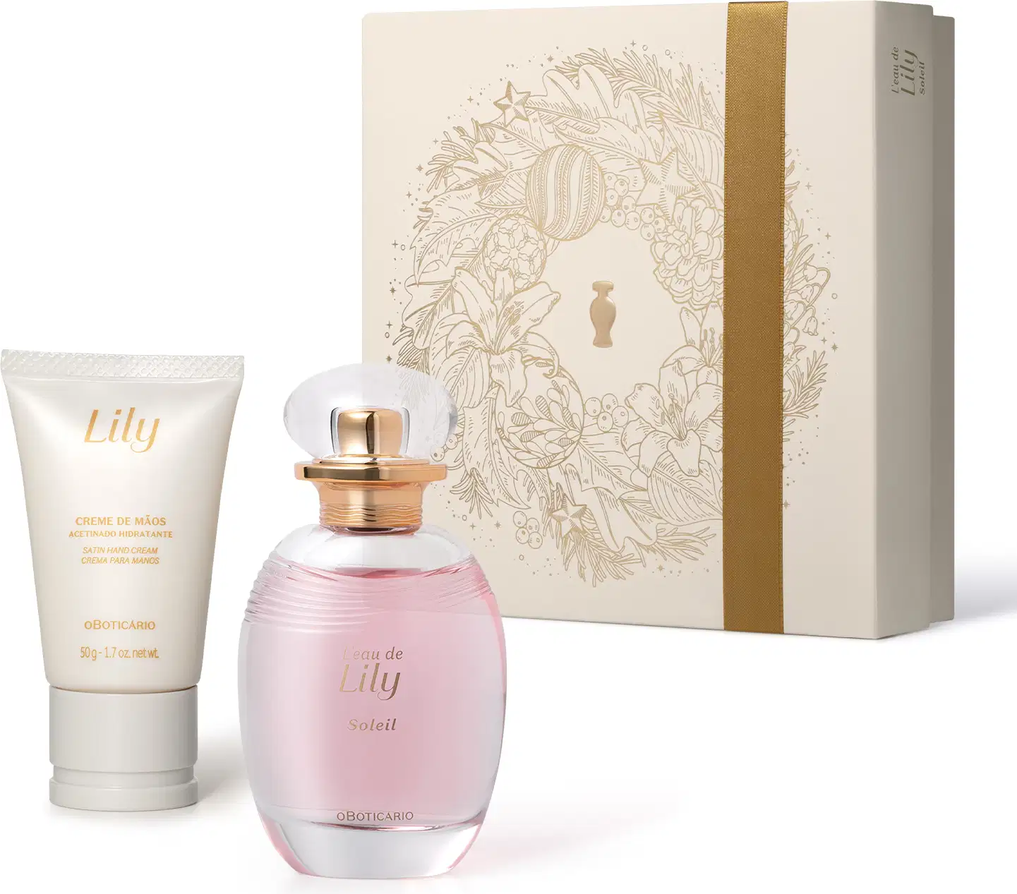 Imagem do Kit Presente Natal Lily Soleil com um vidro transparente e líquido rosa de desodorante colônia, uma bisnaga branca com letras douradas de creme acetinado para as mãos e uma caixa presenteável rosa-claro com estampa floral.