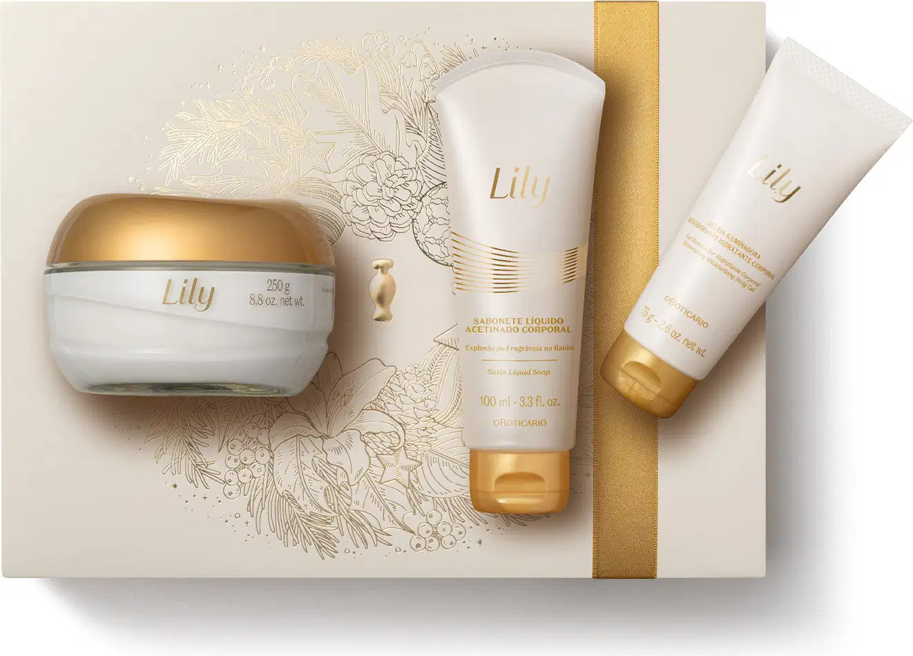 Imagem do Kit Presente Natal Lily com pote vidro e tampa dourada de creme hidratante corporal e duas bisnagas brancas e douradas, sendo uma de sabonete líquido e outra de geleia corporal sobre uma caixa presenteável rosa-claro com ilustração floral.