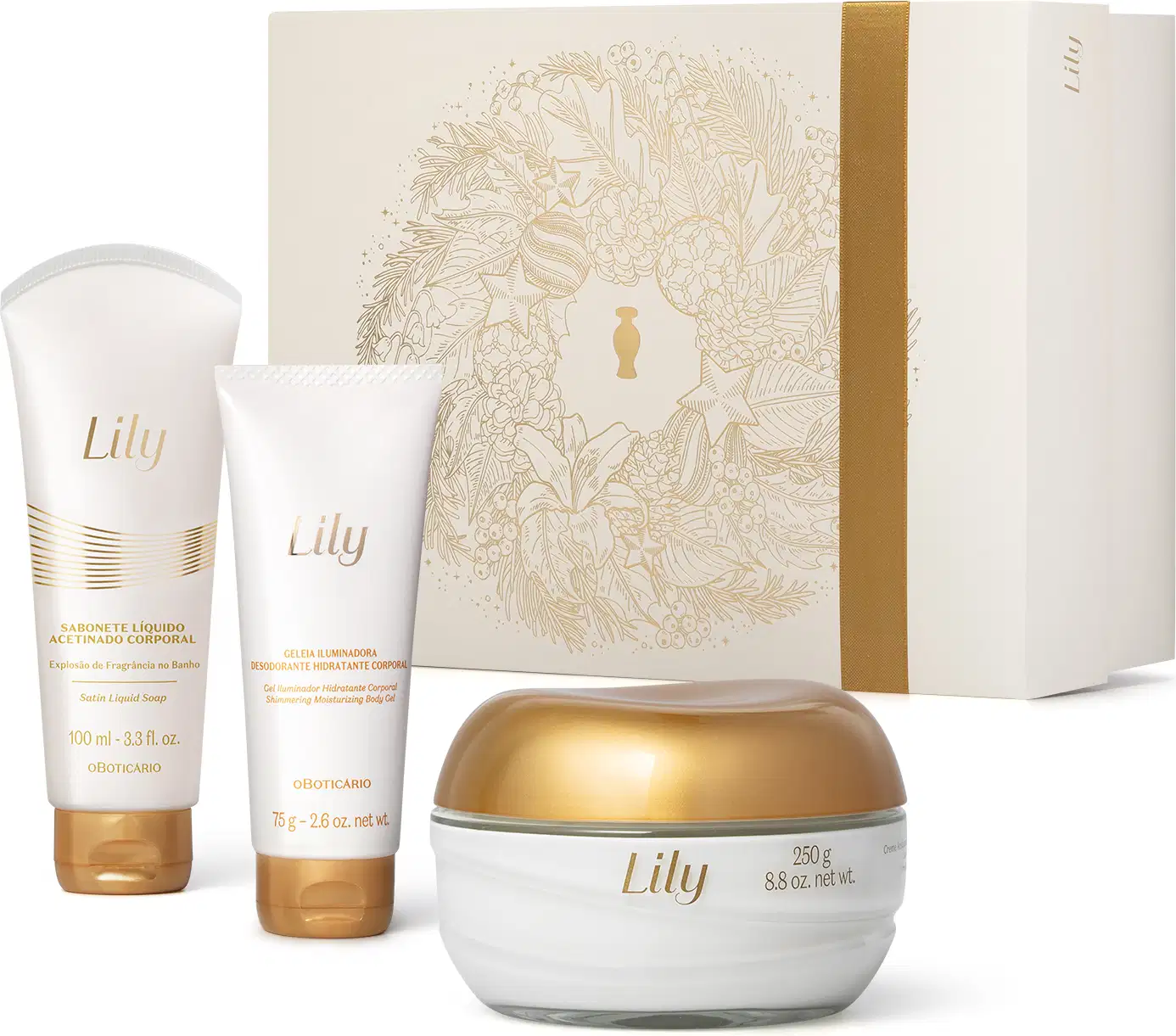 Imagem do Kit Presente Natal Lily com pote vidro e tampa dourada de creme hidratante corporal, duas bisnagas brancas e douradas, sendo uma de sabonete líquido e outra de geleia corporal e uma caixa presenteável rosa-claro com ilustração floral.
