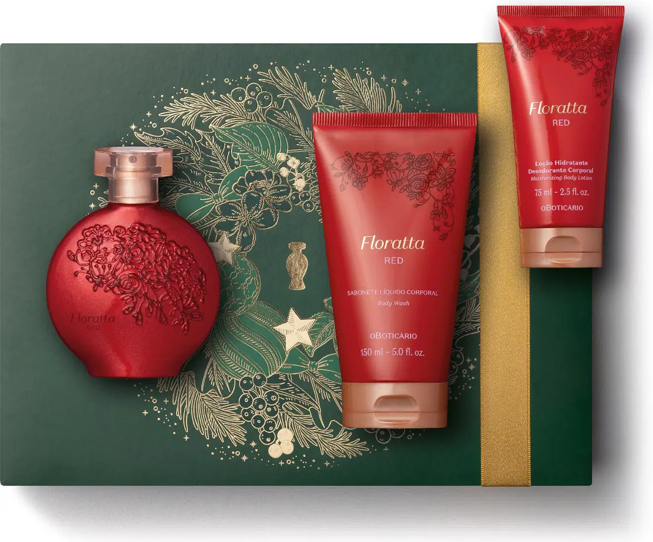 Imagem do Kit Presente Natal Floratta Red com vidro arredondado de desodorante colônia e dois frascos sendo um de sabonete líquido e outro de loção hidratante corporal sobre uma caixa verde com estampa natalina.