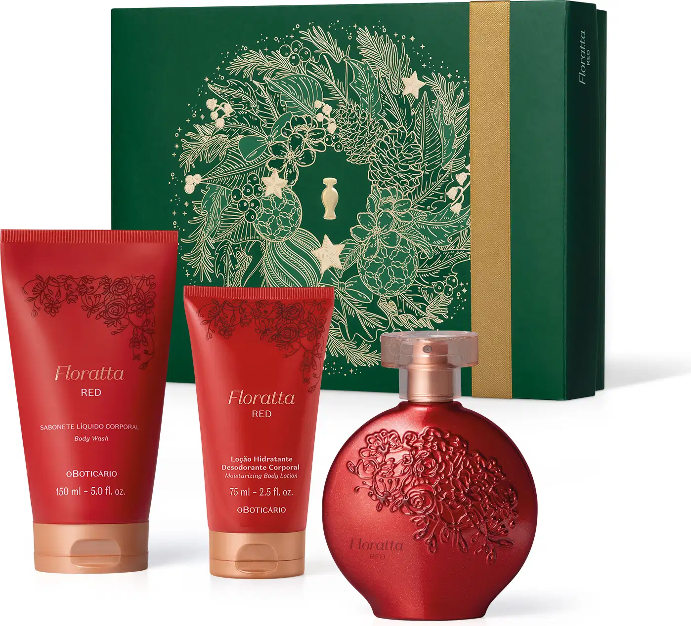 Imagem do Kit Presente Natal Floratta Red com vidro arredondado de desodorante colônia, dois frascos sendo um de sabonete líquido e outro de loção hidratante corporal e uma caixa verde com estampa natalina.