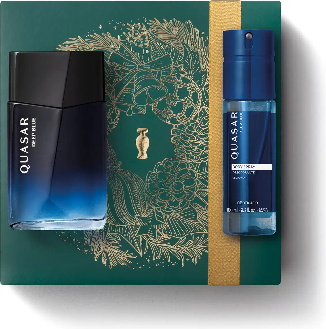 Imagem do Kit Presente Natal Quasar Deep Blue com um frasco de vidro em tons de azul de desodorante colônia masculina e um frasco cilíndrico também em tons de azul de body spray sobre uma caixa verde presenteável com ilustração natalina.