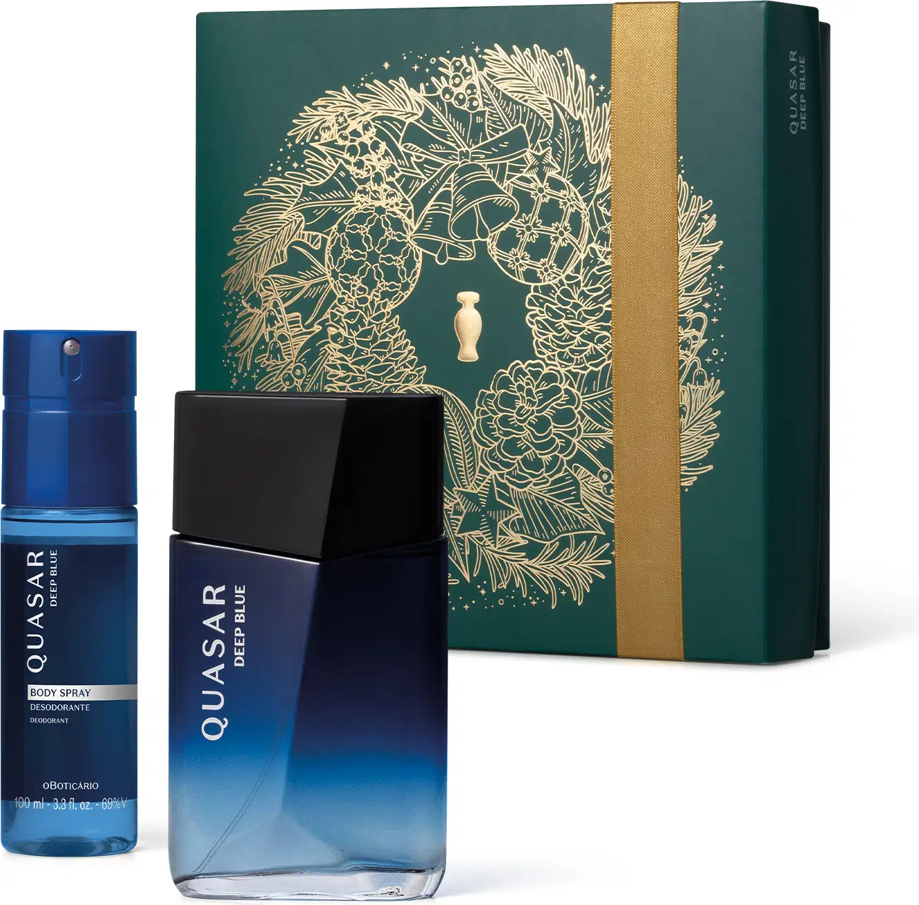 Imagem do Kit Presente Natal Quasar Deep Blue com um frasco de vidro em tons de azul de desodorante colônia masculina, um frasco cilíndrico também em tons de azul de body spray e uma caixa verde presenteável com ilustração natalina.